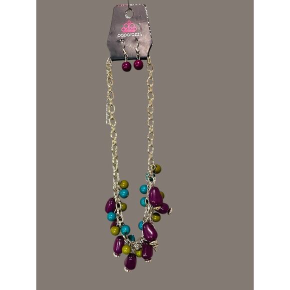 Paparazzi New Silvertone Necklace and Earring Set Purple Teal Chunky 28" - Picture 1 of 6
